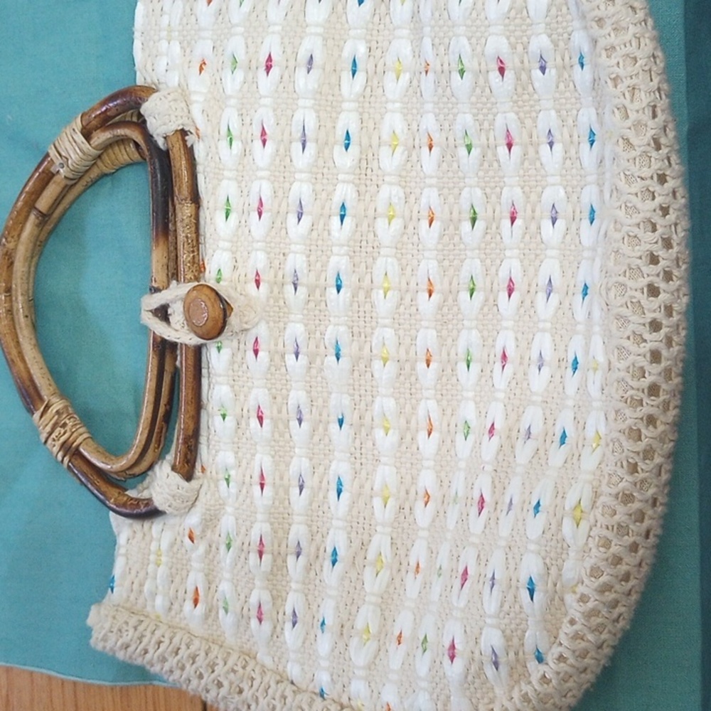 Vintage boho Bamboo Handle colorful pastel crochet Bag Made in Philippines